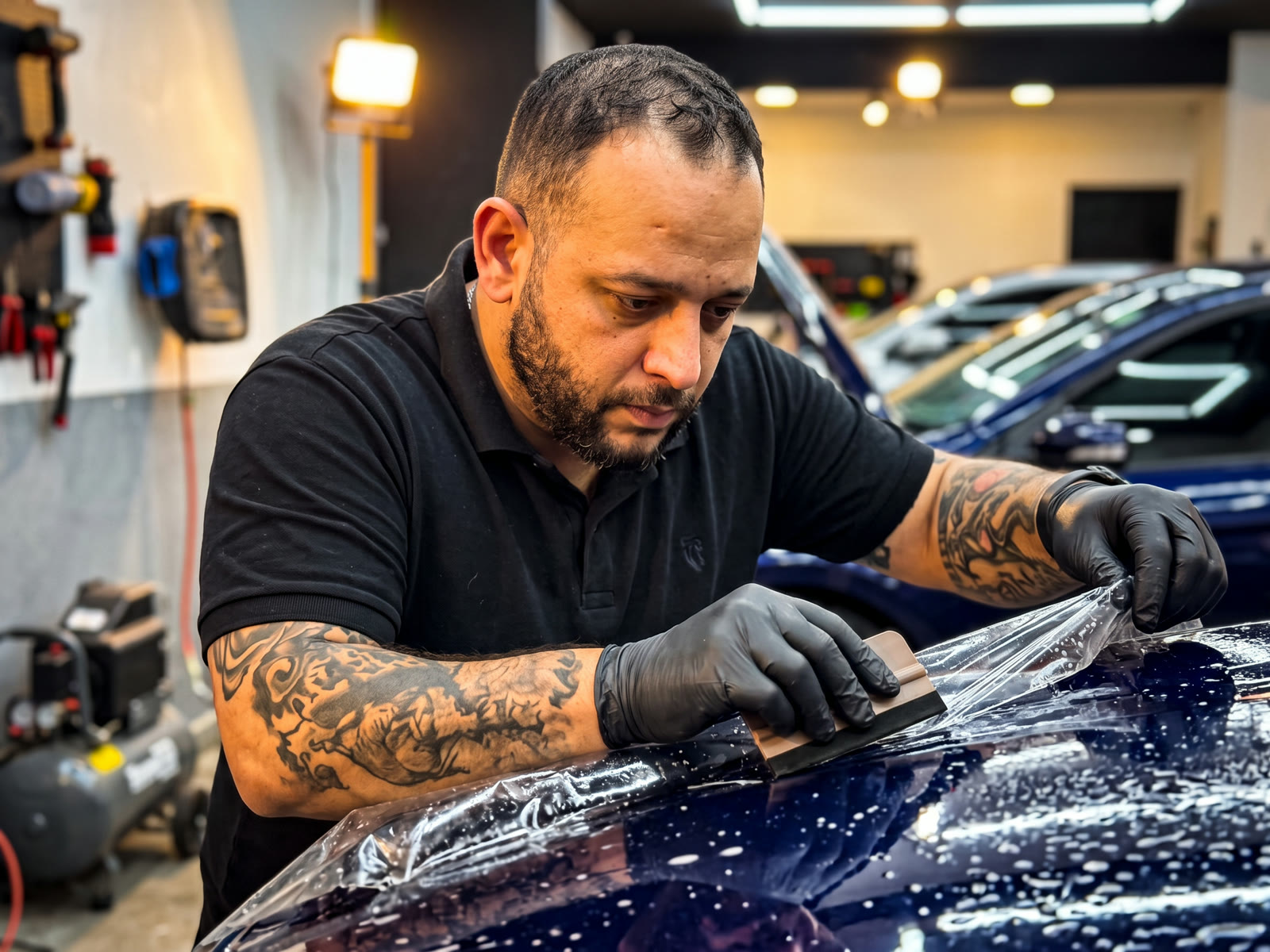 Aplicação de película de proteção de pintura sobre o capô de um carro, no estúdio da toki.