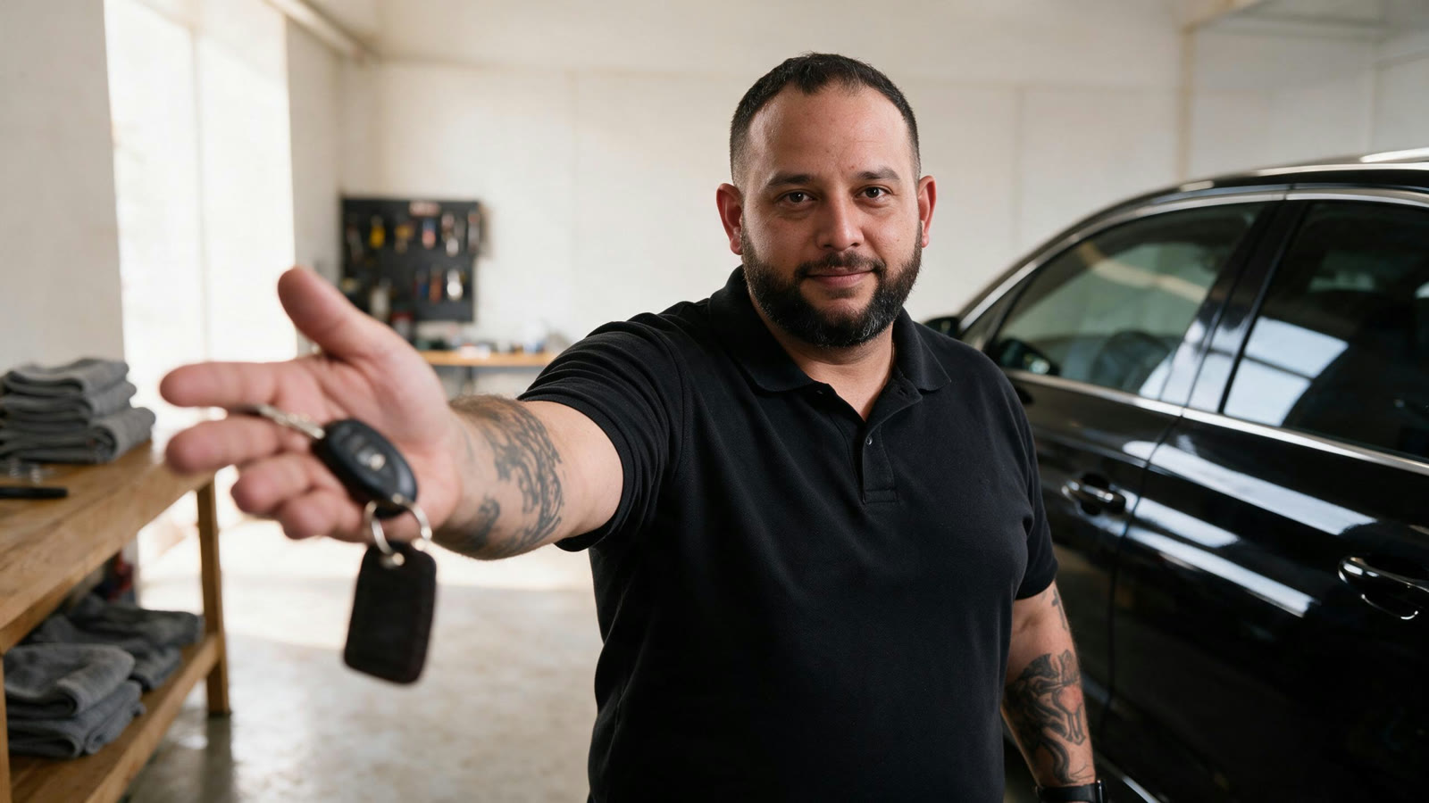 O curador estendendo a chave do carro, com o carro pronto ao lado, na oficina.